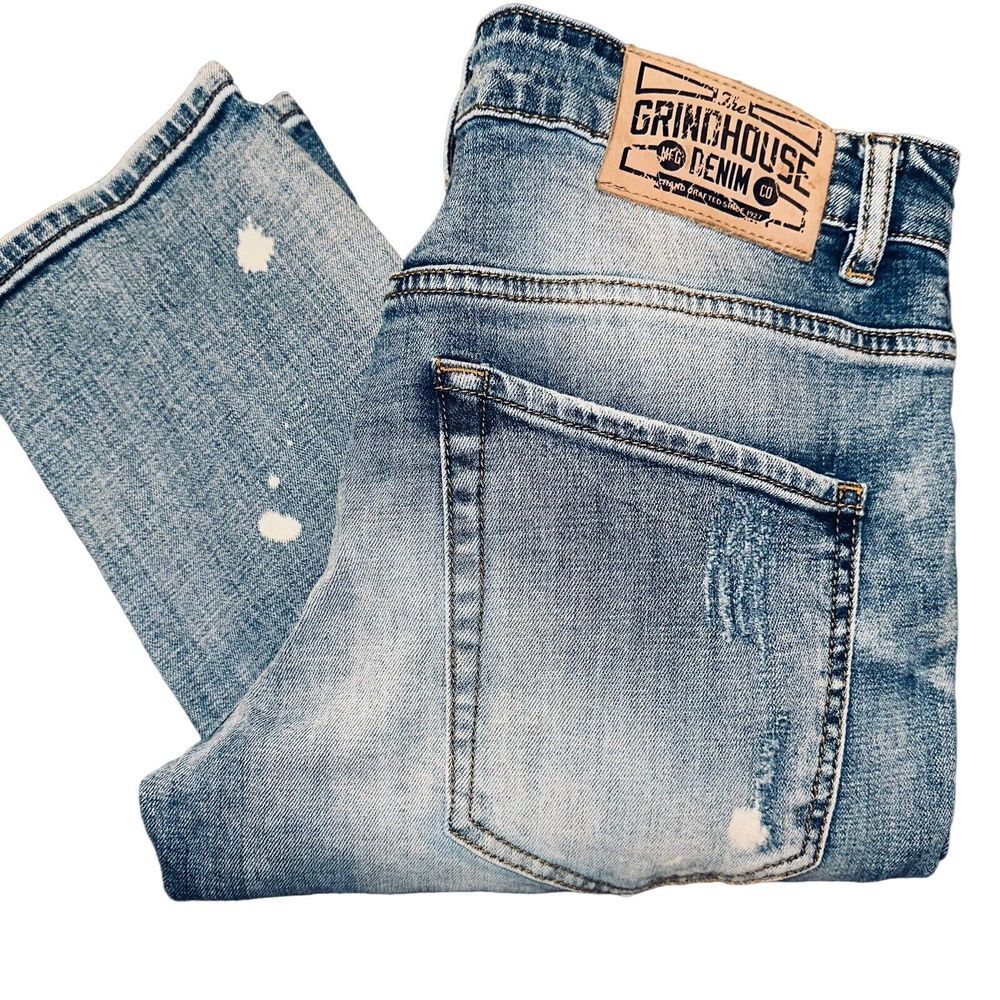 Men's Grindhouse Destroyed Bleach‎ Denim Jeans Size 32 Lt Wash Straight Stretch
